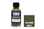A 30ml bottle of Scale Modellers Supply Camo Green acrylic lacquer paint next to a color swatch labeled PL31 Camo Green.