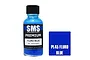 A 30ml bottle of SMS Premium Fluro Blue acrylic lacquer paint with a black cap, next to a blue square swatch labeled PL45 Fluro Blue.