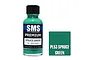A 30ml bottle of SMS Premium Spruce Green acrylic lacquer paint next to a color swatch square labeled PL53 Spruce Green.