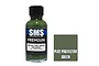 A 30ml bottle of SMS Premium Protective Green acrylic lacquer paint with a black cap, next to a square color swatch labeled PL82 PROTECTIVE GREEN.