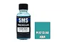 A 30ml bottle of SMS Premium Clear Aqua acrylic lacquer paint next to a teal-coloured square swatch labeled PL112 CLEAR AQUA.