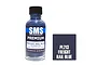 A 30ml bottle of SMS Premium Freight Rail Blue acrylic lacquer paint next to a color swatch square labeled PL213 Freight Rail Blue.