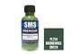 A 30ml bottle of Scale Modellers Supply Premium Brunswick Green acrylic lacquer paint with a black cap, next to a dark green color swatch labeled PL214.