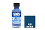 A 30ml bottle of SMS Blue acrylic lacquer paint by Scale Modellers Supply, featuring a blue label and black cap, next to a blue color swatch.