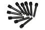 A collection of nine black metal grub screws with threaded ends arranged in a fan pattern against a white background.
