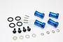 A set of four blue anodized aluminium 17mm extended wheel hex adaptors for RC cars, including pins, screws, O-rings, and washers on a white background.