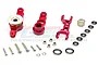GPM Racing red aluminium steering assembly set with servo saver components, including screws, bearings, and metal parts on a white background.