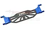 A GPM Racing blue aluminium and carbon fibre battery hold-down bar for RC cars, featuring a skeletonized design and the GPM logo.