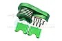 GPM Racing green aluminium main gear cover set for RC cars, including mounting hardware and two additional green aluminium brackets.