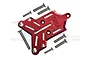 A red anodized aluminium front skid plate for an RC car by GPM Racing, shown with several included mounting screws on a white background.