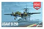 Box art for an Academy 1/48 scale B-25B Mitchell bomber model kit, featuring an illustration of the aircraft taking off from an aircraft carrier deck.