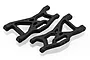 Two black plastic front lower suspension arms for an HSP RC car, shown from an angled top-down perspective on a white background.