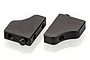 Two black anodized aluminium servo mounts for RC cars, shown from an angled perspective on a white background.