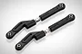 Two black plastic RC car upper suspension linkages with metal ball ends on a white background.