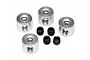 Four silver metal stop collars and four black grub screws arranged on a white background.