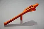 An orange anodized aluminium RC car chassis brace by GPM Racing on a grey background.
