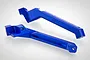 Two blue anodized aluminium rear chassis braces for an RC car, featuring GPM branding and machined details on a white background.
