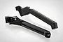 Two black aluminium RC chassis braces from GPM Racing, featuring engraved branding and model numbers, set against a plain white background.