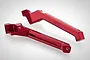 Two red anodized aluminium RC chassis braces from GPM Racing, shown from different angles on a white background.