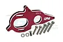 A red anodized aluminium motor mount plate by GPM Racing, shown with included mounting screws and washers against a white background.