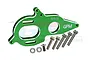 A green anodized aluminium motor mount plate for RC cars, featuring GPM branding and 7075-T6 markings, accompanied by several metal screws and washers.