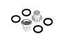 Two silver metal differential screw caps and four black rubber O-rings arranged on a white background.