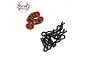 A set of RGT RC spare parts including several black metal R-clips and orange rubber O-rings on a white background.