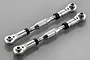 Two silver aluminium RC suspension tie rods with adjustable turnbuckle centers and ball joint ends on a grey background.