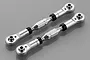 Two silver aluminium RC steering tie rods with ball joints and adjustable turnbuckles, shown against a grey background.