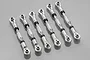 A set of six silver aluminium tie rods with ball joints, arranged diagonally on a grey background.