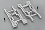 Two silver aluminium RC rear suspension arms with two small black grub screws on a grey background.