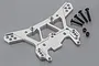A silver aluminium RC shock tower with multiple mounting holes, accompanied by four black screws and two black nuts on a grey background.