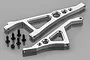 Rovan 5IVE-T silver aluminium front and rear chassis brace set with included black mounting screws on a grey background.
