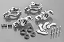 Rovan 5IVE-T silver aluminium front hub set including steering knuckles, hub carriers, bearings, screws, and pins on a grey background.