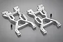 A pair of silver aluminium front suspension arms for an RC vehicle, shown on a grey background with two small black grub screws.