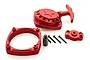 A Rovan red aluminium pull start assembly for RC engines, including the main pull start housing, spacer, drive dog, and mounting screws.