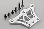 A silver aluminium steering chassis brace for an RC vehicle, accompanied by five black countersunk screws, shown on a grey background.
