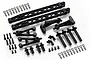 Rovan RC spare parts kit including long chassis braces, suspension arms, body posts, screws, and R-clips on a white background.