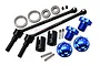 GPM Racing hardened steel CVD driveshafts, blue aluminium wheel hexes, and wheel nuts with bearings and hardware on a white background.