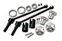 GPM Racing hardened steel CVD driveshaft set with silver aluminium wheel hexes, wheel nuts, bearings, and hardware components.