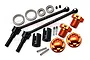 GPM Racing hardened steel CVD driveshaft set with orange aluminium wheel hexes, wheel nuts, bearings, and hardware for RC cars.