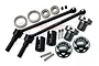 GPM Racing hardened steel CVD driveshaft set with grey aluminium wheel hexes, wheel nuts, bearings, and hardware on a white background.