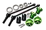 GPM Racing hardened steel CVD driveshafts with green aluminium wheel hexes, wheel nuts, bearings, and hardware on a white background.