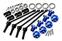 GPM Racing hardened steel CVD driveshafts, blue aluminium wheel hexes, wheel nuts, bearings, and pins for RC cars.