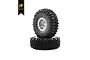 Two Hobby Plus 1.0 inch RC crawler tyres with aggressive tread patterns mounted on grey wheels, stacked vertically against a white background.