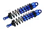 Two blue GPM Racing adjustable aluminium RC shock absorbers with black springs and shafts, isolated on a white background.