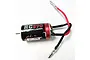 RGT 390-sized brushed RC motor with black and red casing, featuring attached wires with bullet connectors against a white background.