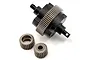 A metal differential assembly and two separate metal pinion gears for an RC car on a white background.