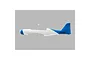 A white and blue painted foam fuselage for the E-Flite V1200 RC airplane, shown from the side against a plain grey background.