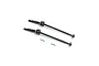 Two black metal CVA driveshafts for a Losi 1/10 RC car, shown with two small metal pins on a white background.